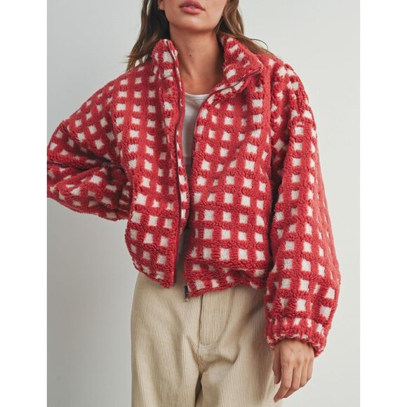 Women Red Cropped Sherpa Fleece Plaid Jacket Chunky Outerwear - Picture 2 of 6